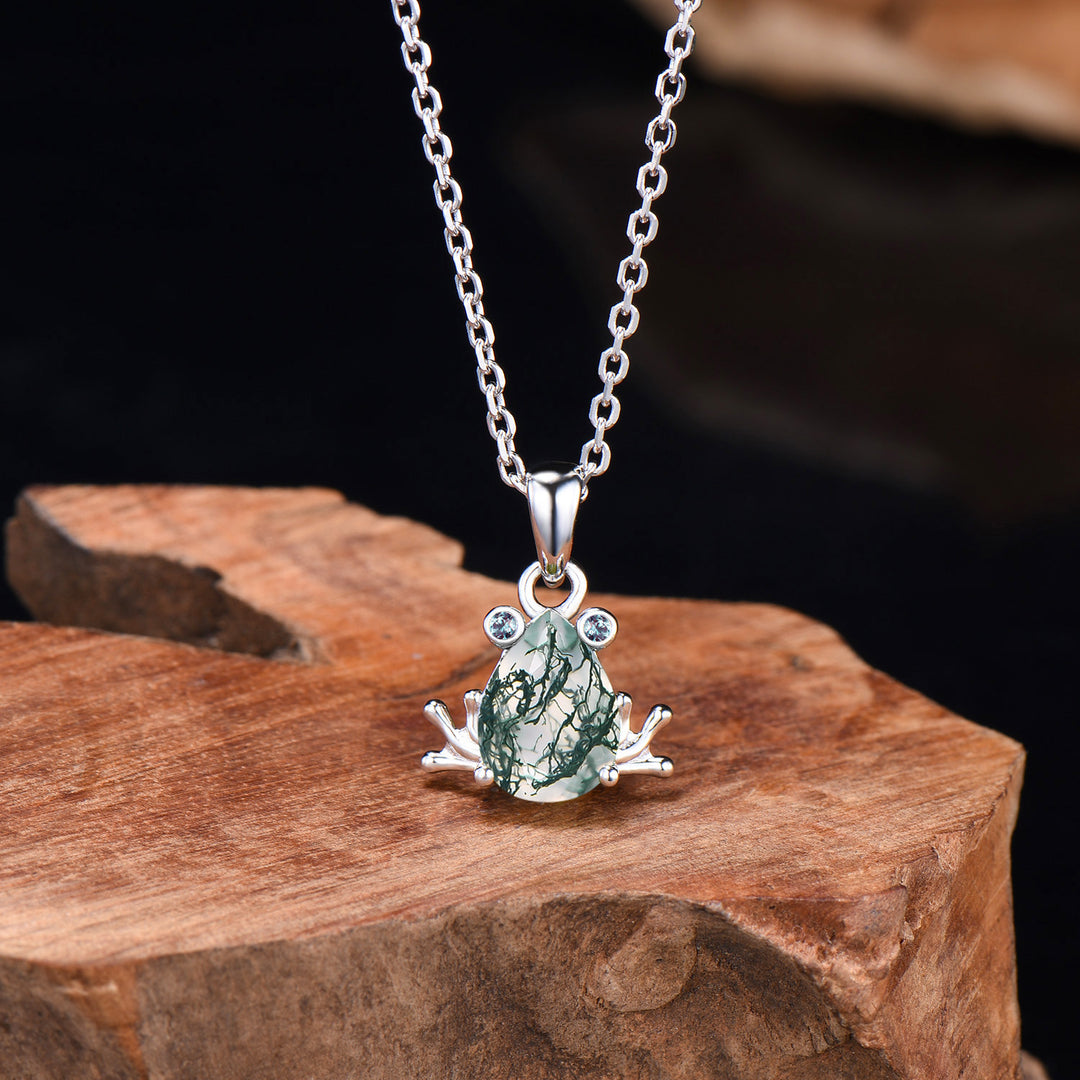 Unique Teardrop Cut Natural Moss Agate Frog Wedding Necklace Three Stone Animal Inspired White Gold Pendant Anniversary Gifts For Women - PENFINE