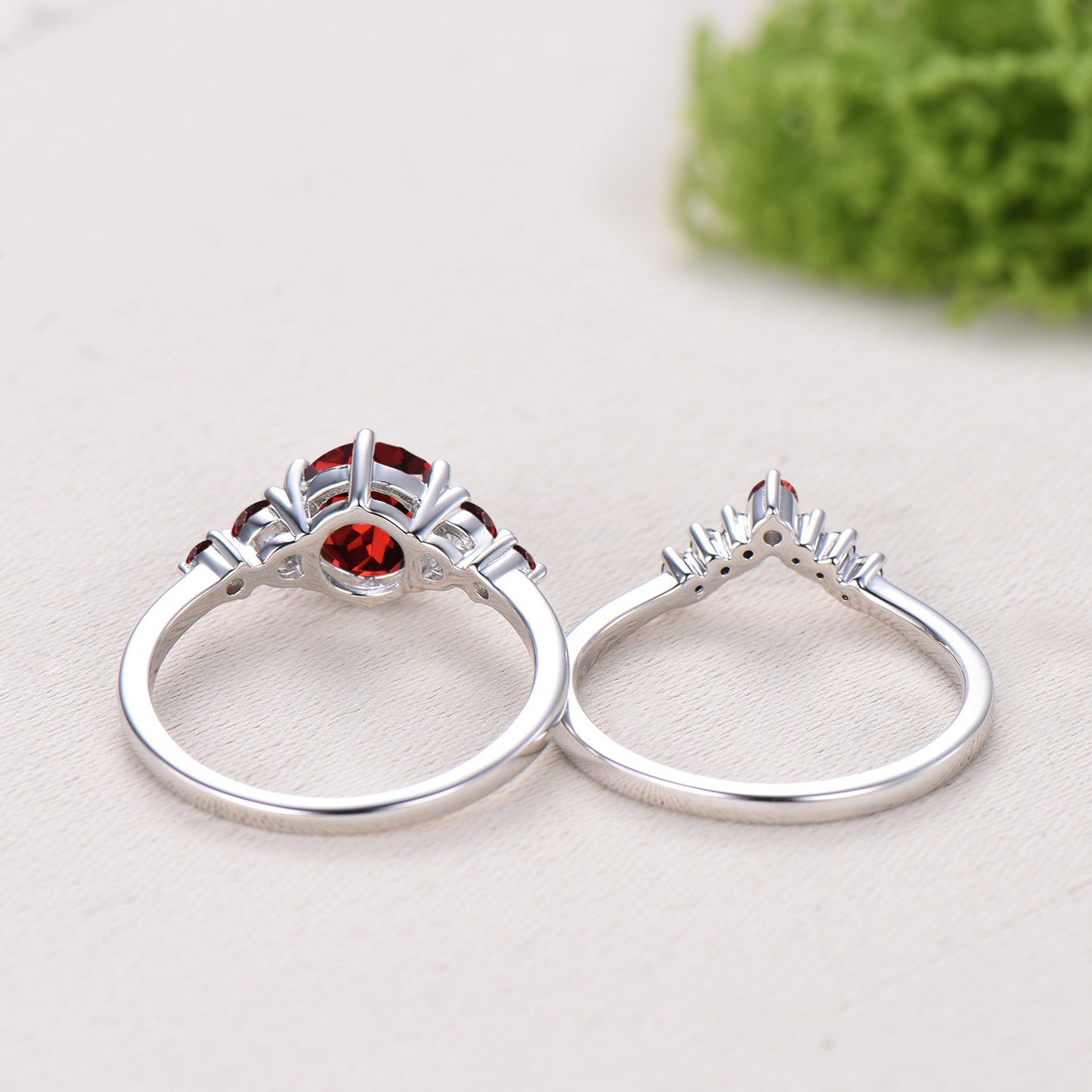 Natural Garnet Engagement Ring, Round Cut January Birthstone Five Stone Wedding Band, Black Spinel Bridal Set