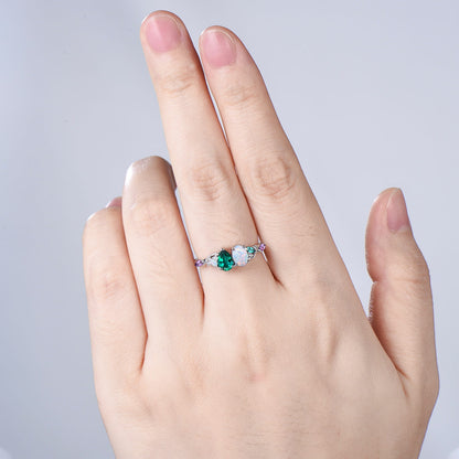 Unique Pear Cut Emerald Oval Cut Opal Toi et Moi Ring,Amethyst Moissanite Cluster Engagement Ring