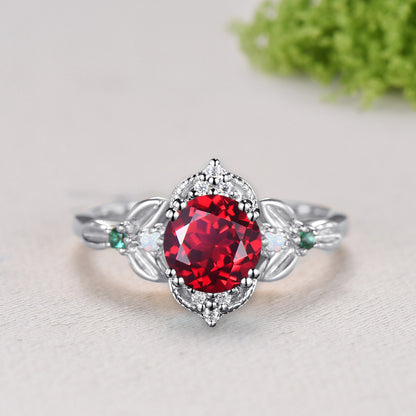 Unique Two Tone Gold Ruby Engagement Ring, Crescent Moon Leaf Vine Wedding Band, Cluster Opal Emerald Promise Ring Handmade Proposal Gifts