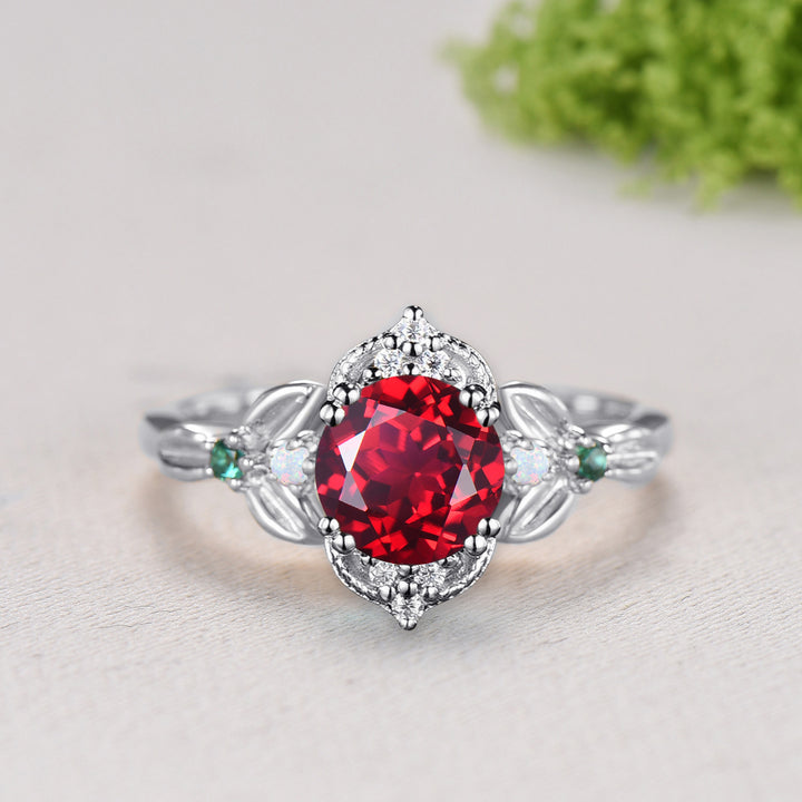 Unique Two Tone Gold Ruby Engagement Ring, Crescent Moon Leaf Vine Wedding Band, Cluster Opal Emerald Promise Ring Handmade Proposal Gifts