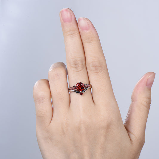 Natural Garnet Engagement Ring, Round Cut January Birthstone Five Stone Wedding Band, Black Spinel Bridal Set