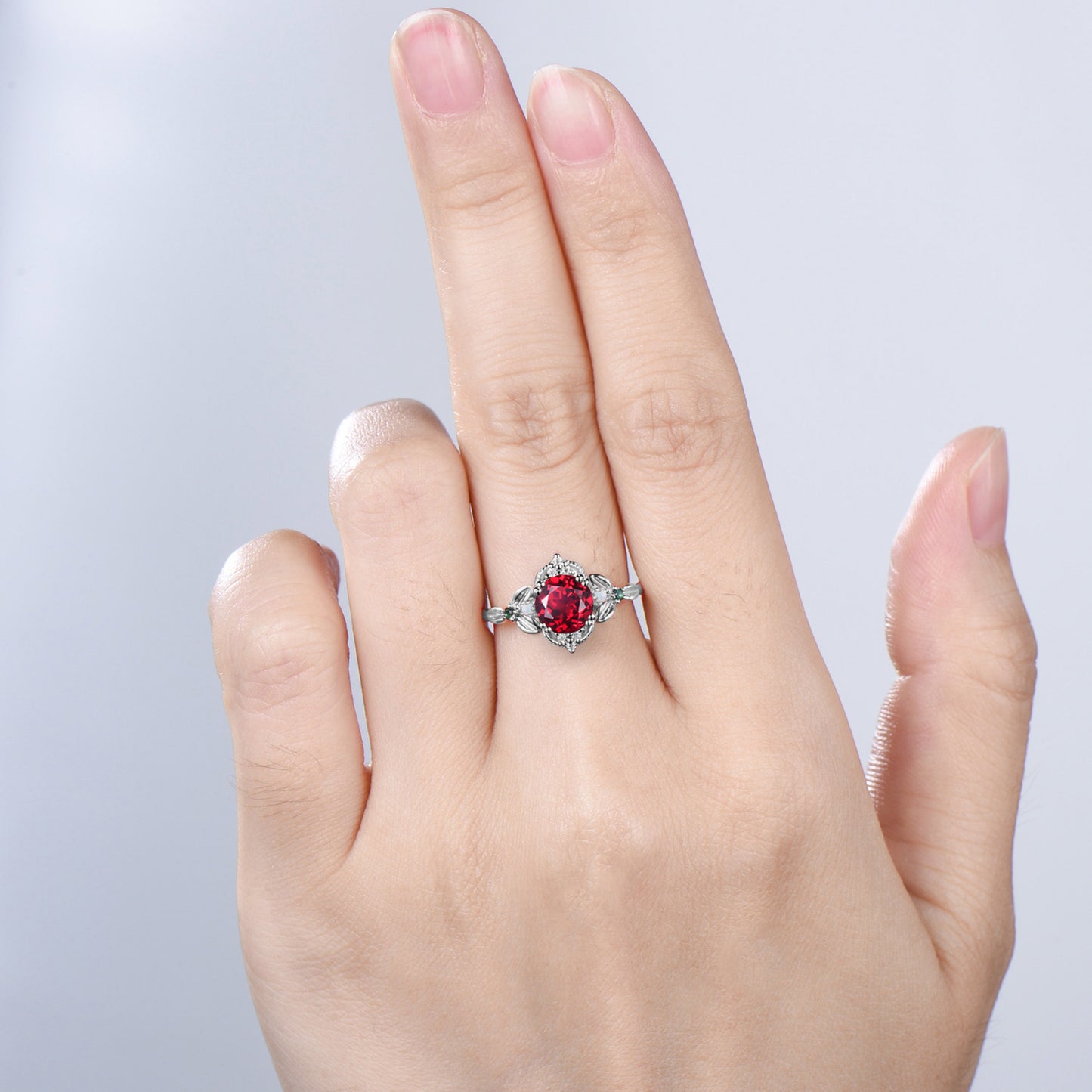 Unique Two Tone Gold Ruby Engagement Ring, Crescent Moon Leaf Vine Wedding Band, Cluster Opal Emerald Promise Ring Handmade Proposal Gifts