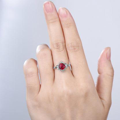 Unique Two Tone Gold Ruby Engagement Ring, Crescent Moon Leaf Vine Wedding Band, Cluster Opal Emerald Promise Ring Handmade Proposal Gifts