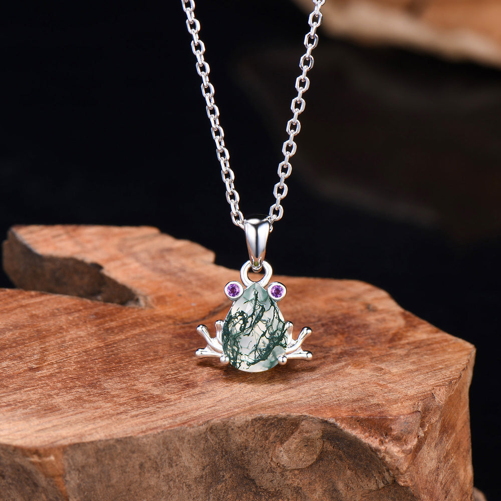 Unique Teardrop Cut Natural Moss Agate Frog Wedding Necklace Three Stone Animal Inspired White Gold Pendant Anniversary Gifts For Women - PENFINE