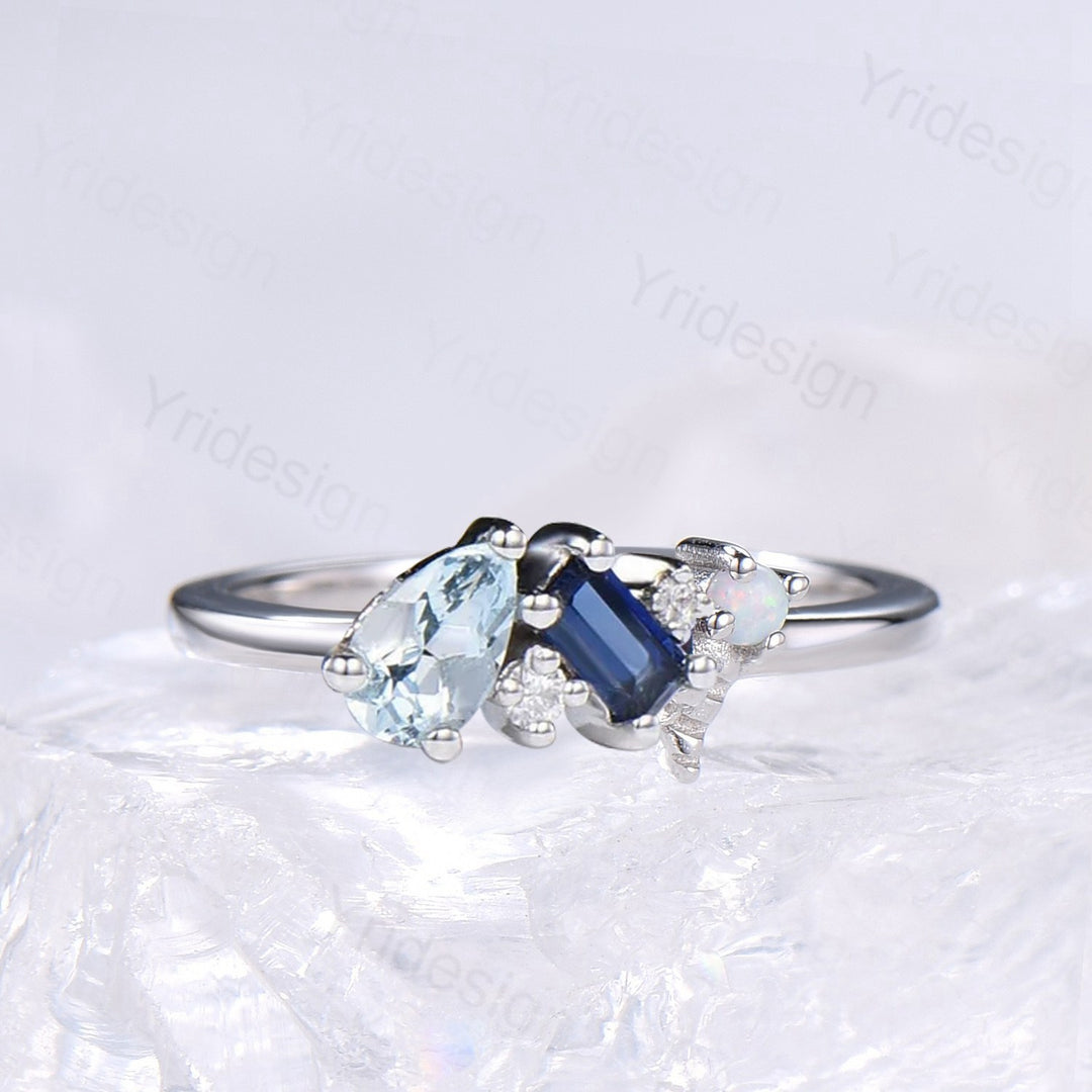 Ethereal Ocean Blue Multi-Gemstone Aquamarine Ring | Nature Inspired Dainty Sapphire Opal Band - PENFINE