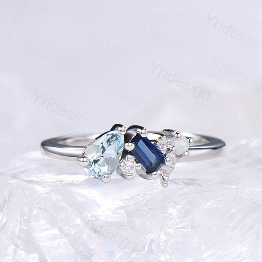 Ethereal Ocean Blue Multi-Gemstone Aquamarine Ring | Nature Inspired Dainty Sapphire Opal Band - PENFINE