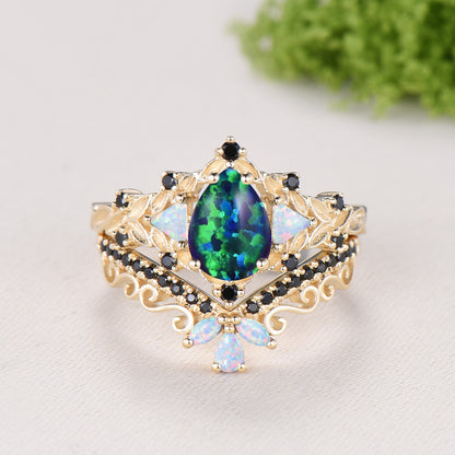 Vintage Pear Shaped Black Opal Engagement Ring Set | Nature Inspired Leaf Vine Black Spinel Fire Opal Bridal Set