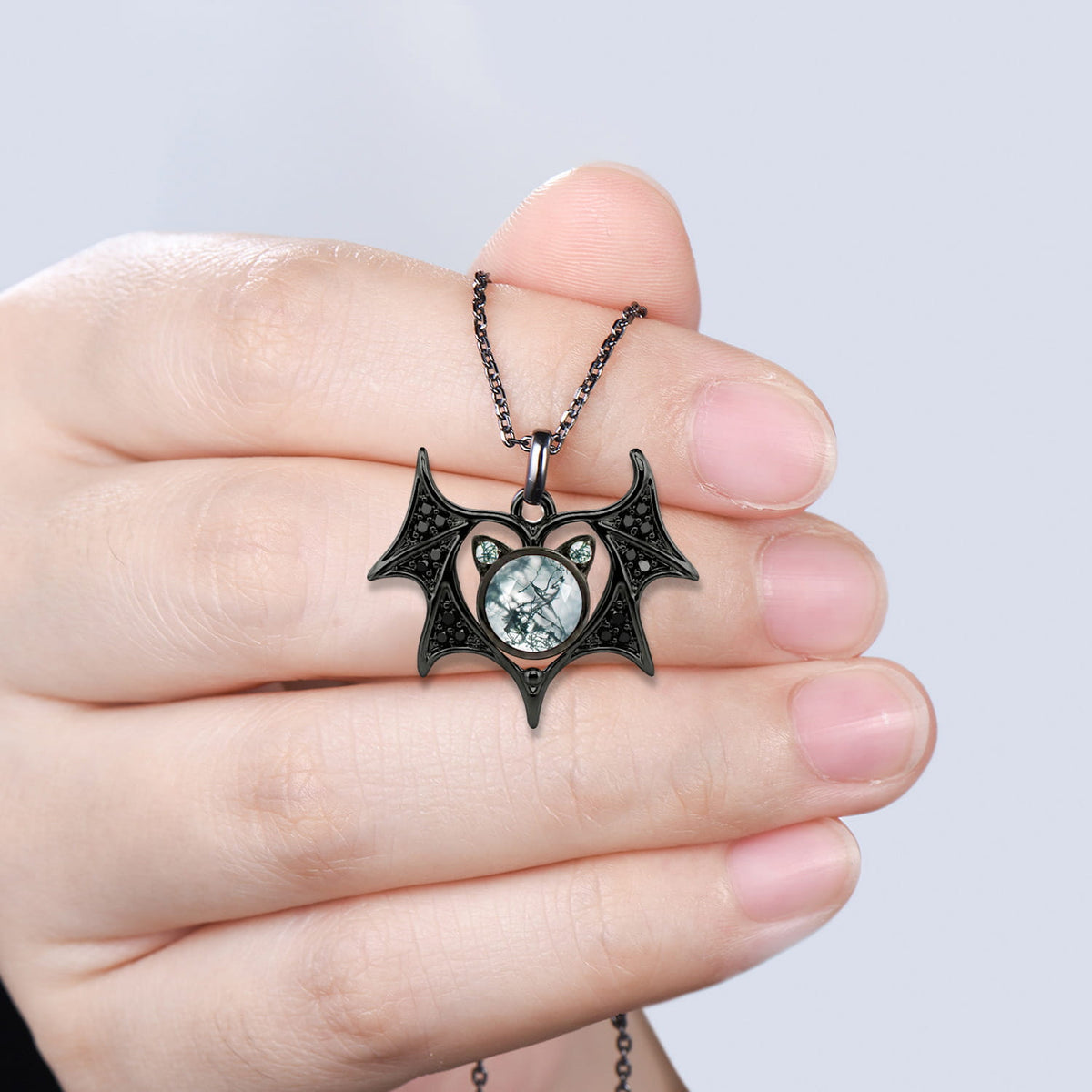 Unique Moss Agate Bat Cat Pendant Necklace Gothic Style Fine Jewelry