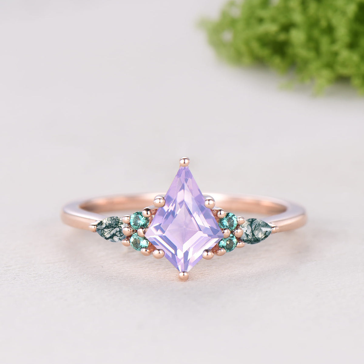 Kite Cut Lavender Amethyst 7 Stone Wedding Ring Emerald Agate Alexandrite Bridal Set