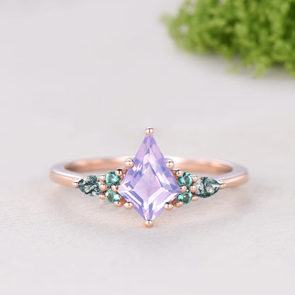 Kite Cut Lavender Amethyst 7 Stone Wedding Ring Emerald Agate Alexandrite Bridal Set