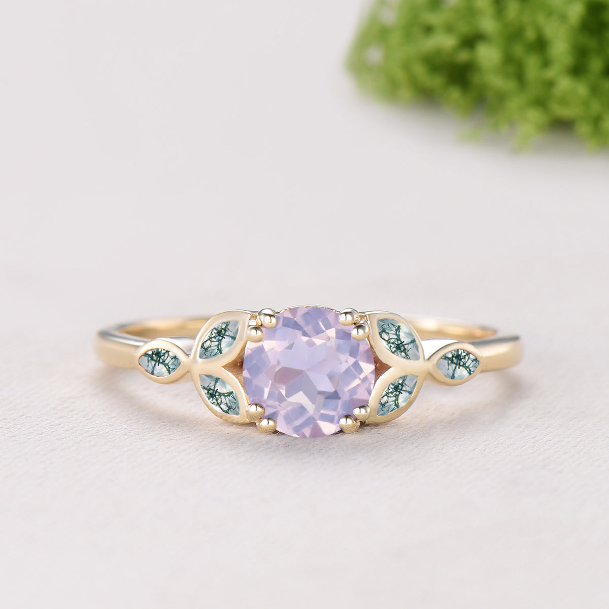Round Cut Lavender Amethyst Bezel Setting Engagement Ring Natural Moss Agate Enhancer Ring Set