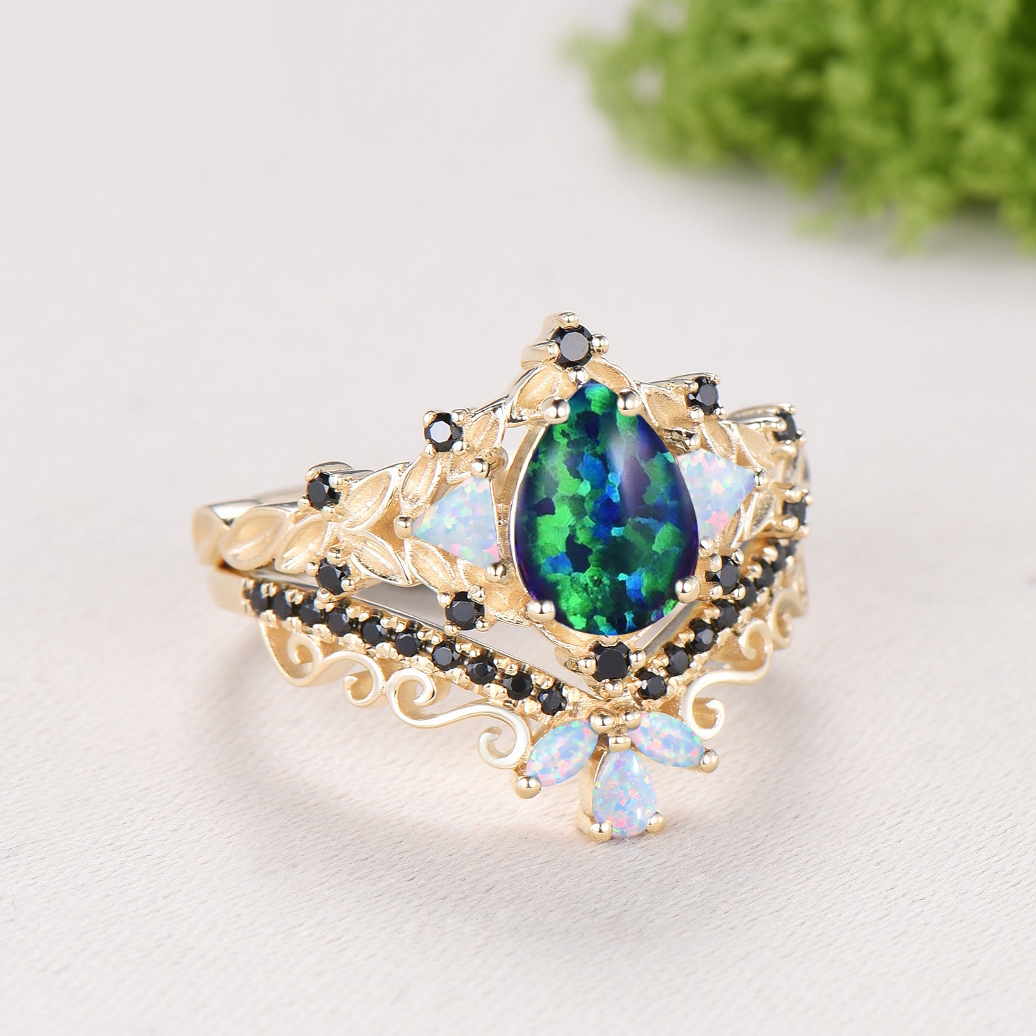 Vintage Pear Shaped Black Opal Engagement Ring Set | Nature Inspired Leaf Vine Black Spinel Fire Opal Bridal Set
