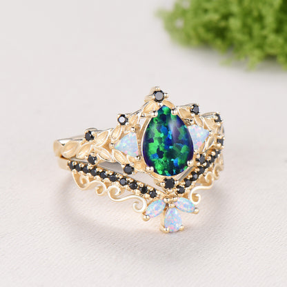 Vintage Pear Shaped Black Opal Engagement Ring Set | Nature Inspired Leaf Vine Black Spinel Fire Opal Bridal Set