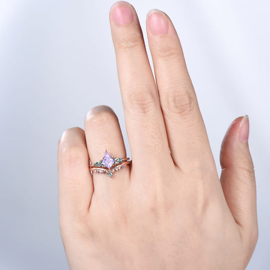 Kite Cut Lavender Amethyst 7 Stone Wedding Ring Emerald Agate Alexandrite Bridal Set