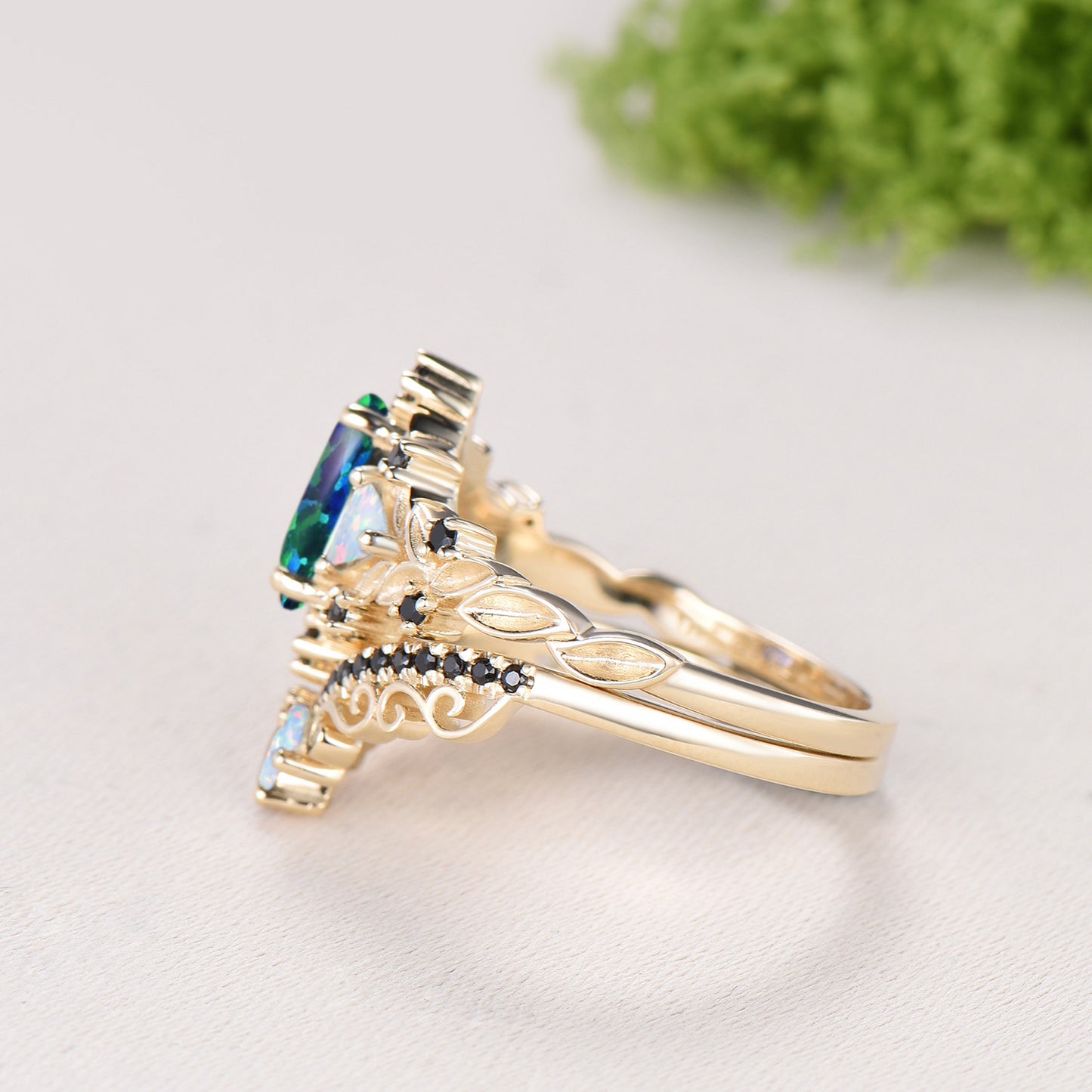 Vintage Pear Shaped Black Opal Engagement Ring Set | Nature Inspired Leaf Vine Black Spinel Fire Opal Bridal Set