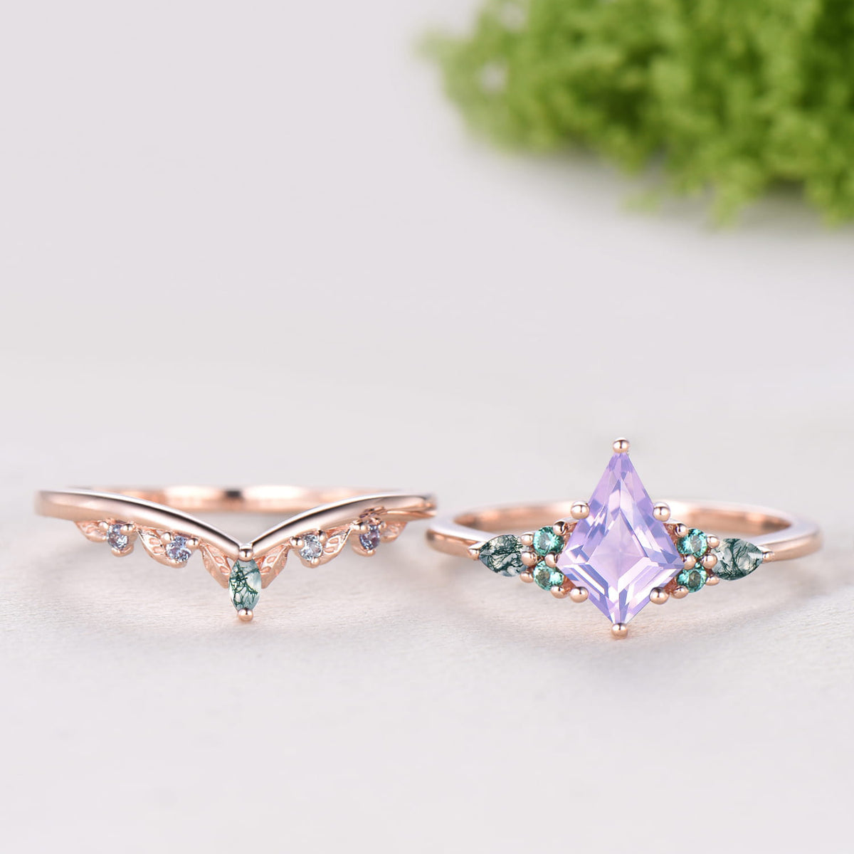 Kite Cut Lavender Amethyst 7 Stone Wedding Ring Emerald Agate Alexandrite Bridal Set