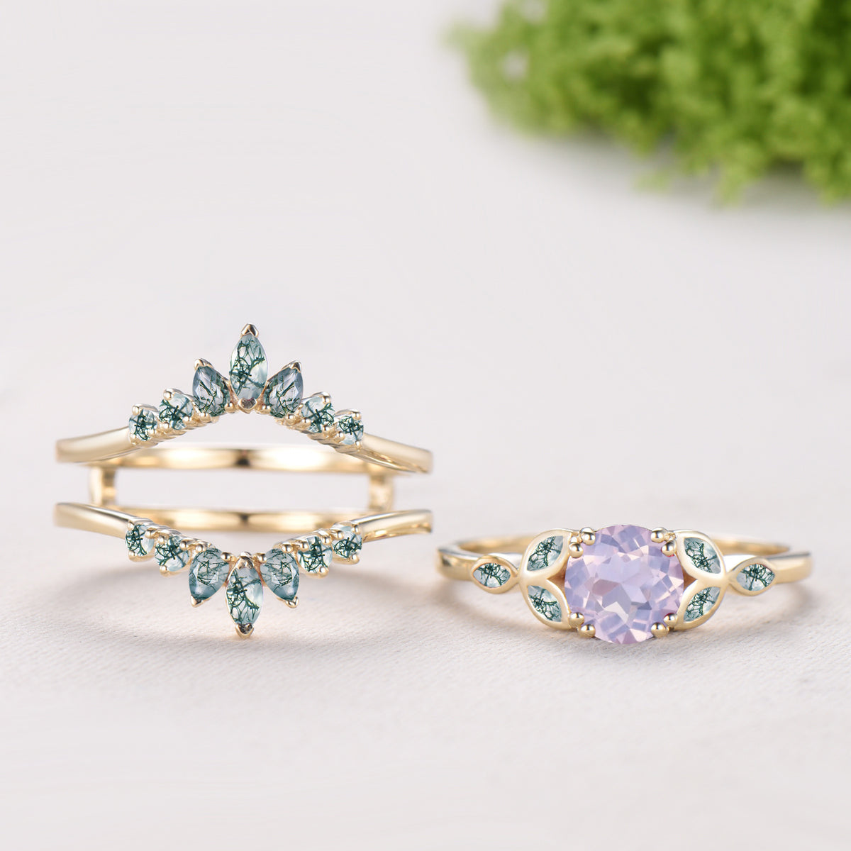 Round Cut Lavender Amethyst Bezel Setting Engagement Ring Natural Moss Agate Enhancer Ring Set