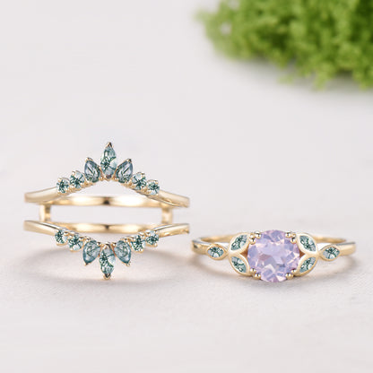 Round Cut Lavender Amethyst Bezel Setting Engagement Ring Natural Moss Agate Enhancer Ring Set