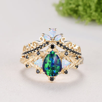 Vintage Pear Shaped Black Opal Engagement Ring Set | Nature Inspired Leaf Vine Black Spinel Fire Opal Bridal Set