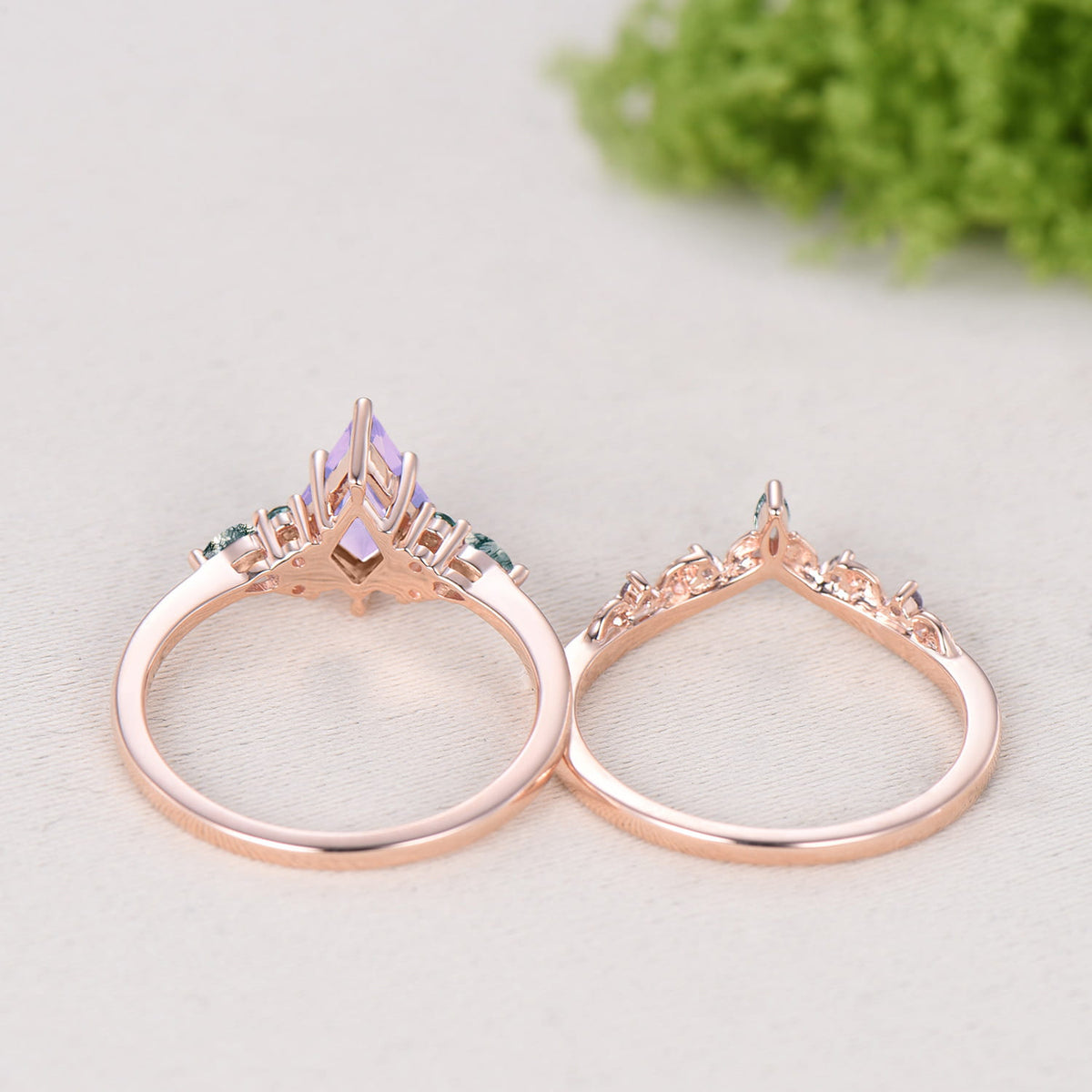 Kite Cut Lavender Amethyst 7 Stone Wedding Ring Emerald Agate Alexandrite Bridal Set
