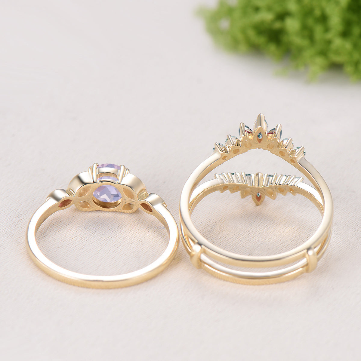 Round Cut Lavender Amethyst Bezel Setting Engagement Ring Natural Moss Agate Enhancer Ring Set