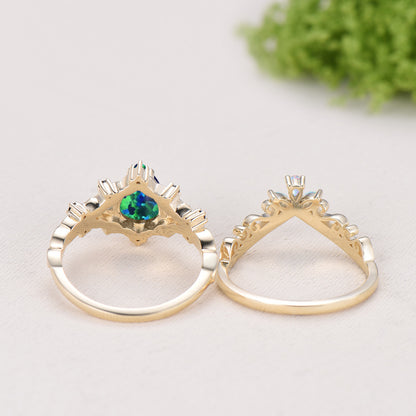 Vintage Pear Shaped Black Opal Engagement Ring Set | Nature Inspired Leaf Vine Black Spinel Fire Opal Bridal Set