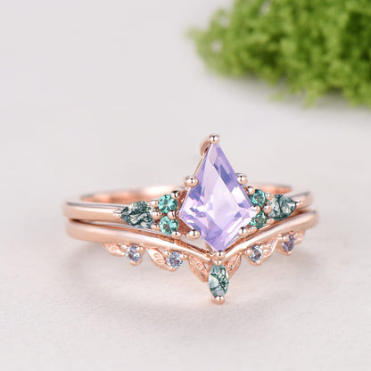 Kite Cut Lavender Amethyst 7 Stone Wedding Ring Emerald Agate Alexandrite Bridal Set