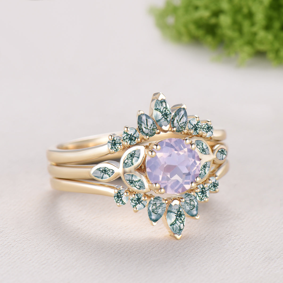 Round Cut Lavender Amethyst Bezel Setting Engagement Ring Natural Moss Agate Enhancer Ring Set