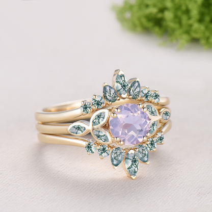 Round Cut Lavender Amethyst Bezel Setting Engagement Ring Natural Moss Agate Enhancer Ring Set