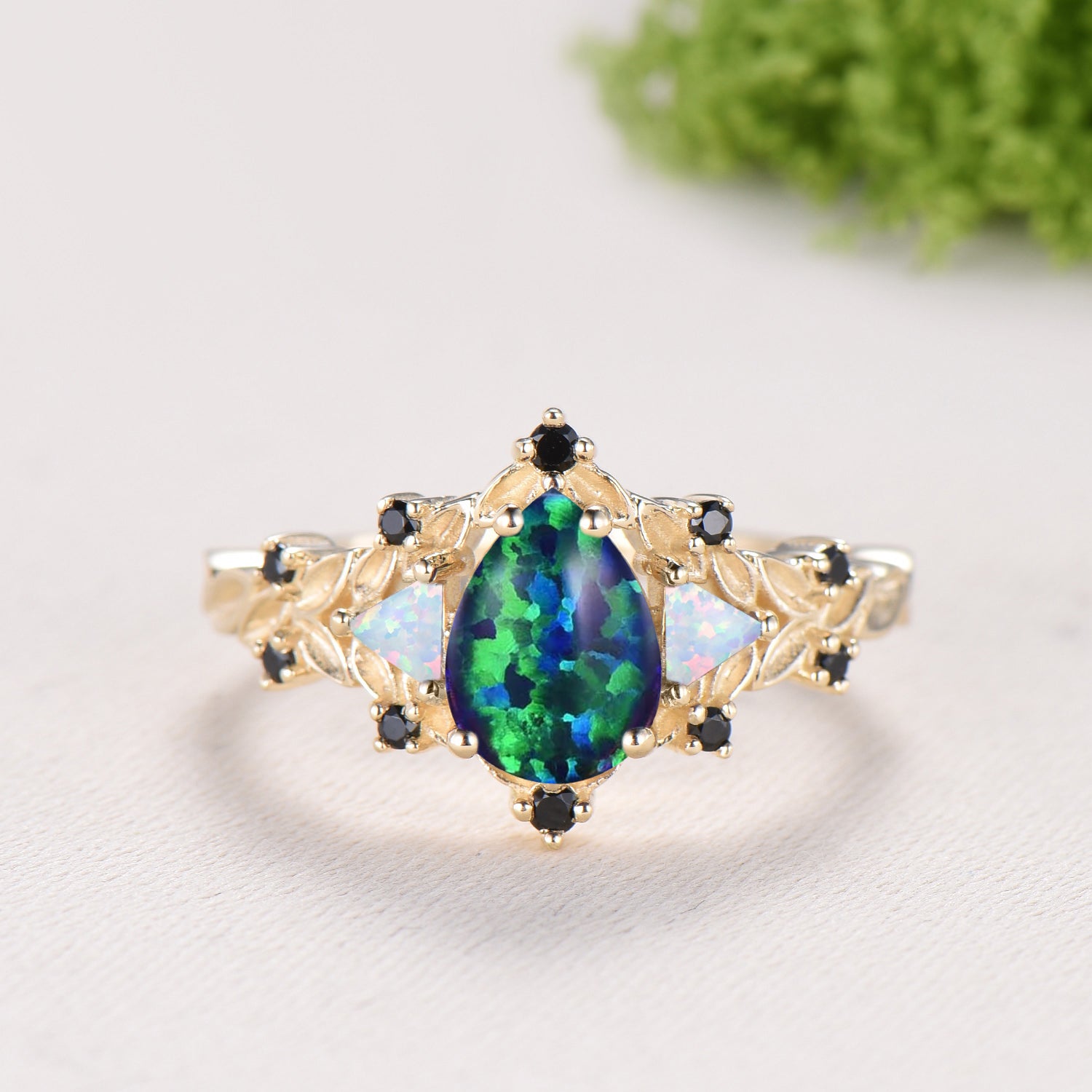 Vintage Pear Shaped Black Opal Engagement Ring Set | Nature Inspired Leaf Vine Black Spinel Fire Opal Bridal Set
