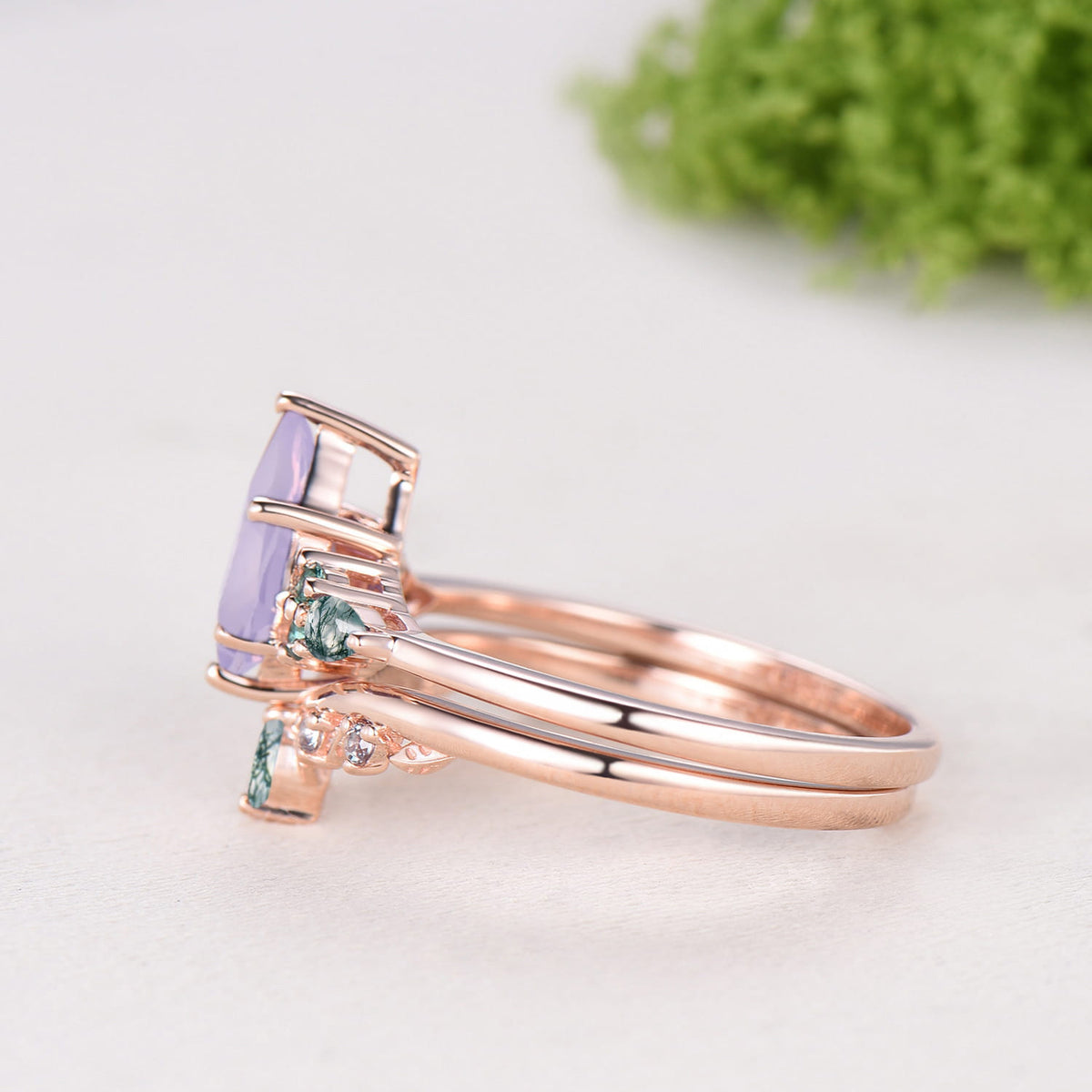Kite Cut Lavender Amethyst 7 Stone Wedding Ring Emerald Agate Alexandrite Bridal Set