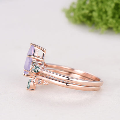 Kite Cut Lavender Amethyst 7 Stone Wedding Ring Emerald Agate Alexandrite Bridal Set
