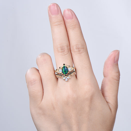 Vintage Pear Shaped Black Opal Engagement Ring Set | Nature Inspired Leaf Vine Black Spinel Fire Opal Bridal Set