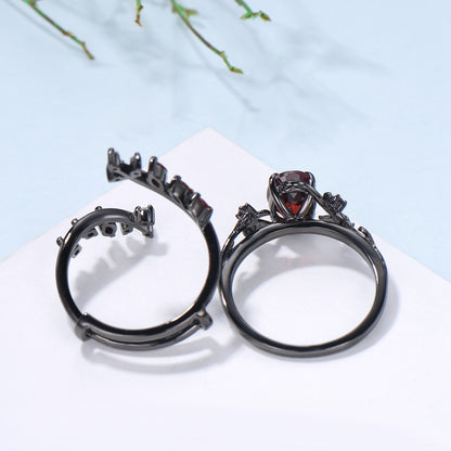 Nature inspired oval garnet engagement ring set black gold unique leaf gothic wedding ring set knight twig vine January birthstone jewelry - PENFINE
