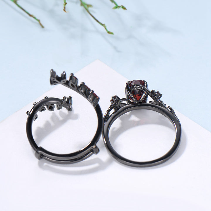 Nature inspired oval garnet engagement ring set black gold unique leaf gothic wedding ring set knight twig vine January birthstone jewelry - PENFINE
