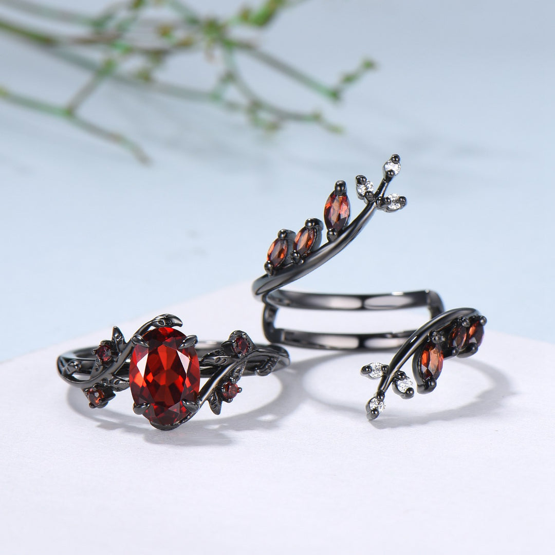 Nature inspired oval garnet engagement ring set black gold unique leaf gothic wedding ring set knight twig vine January birthstone jewelry - PENFINE