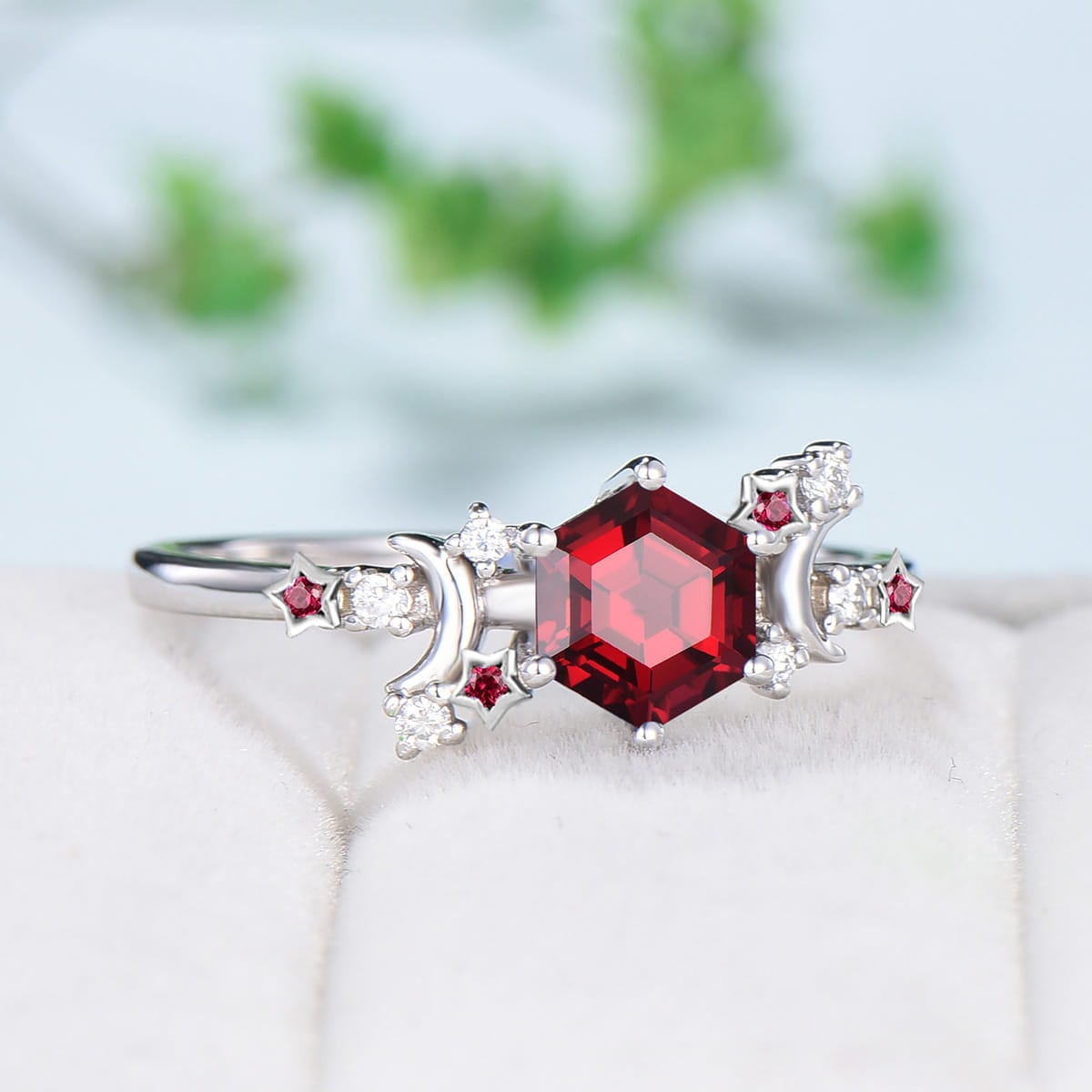 Galaxy Star ruby engagement ring crescent moon hexagon cut Lab ruby wedding ring Unique cluster star moon engagement ring anniversary gift - PENFINE