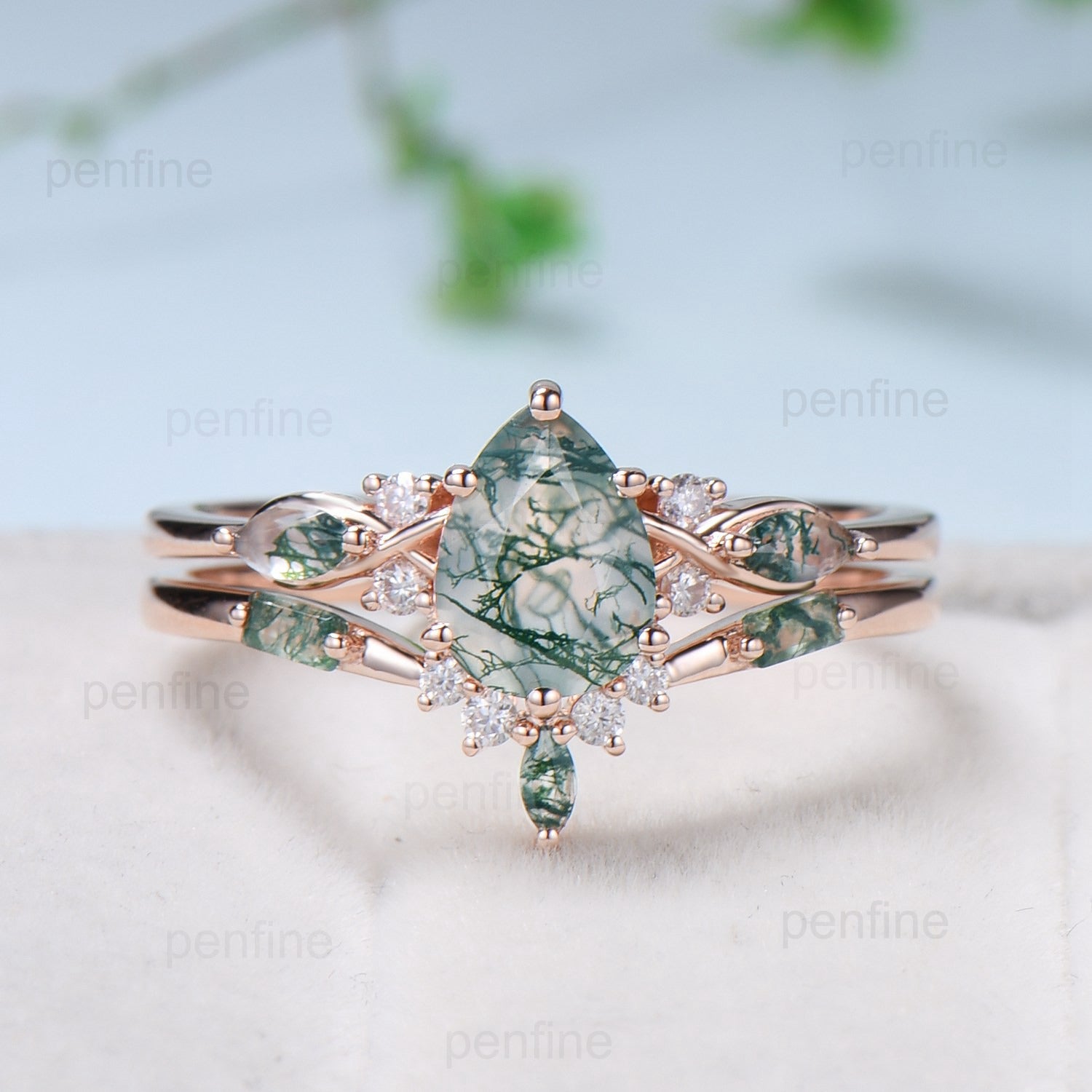 Pear Shaped Moss Agate Promise Ring Set, Rose Gold Moss Agate Engagement Ring Set, Vintage Green Aquatic Agate Bridal Set, Curve store Stack Band