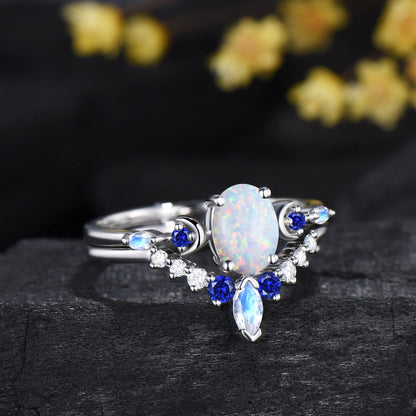 1.5CT Oval Cut White Opal Engagement Ring Sapphire Moonstone Curved Band Moon Celestial Bridal Set