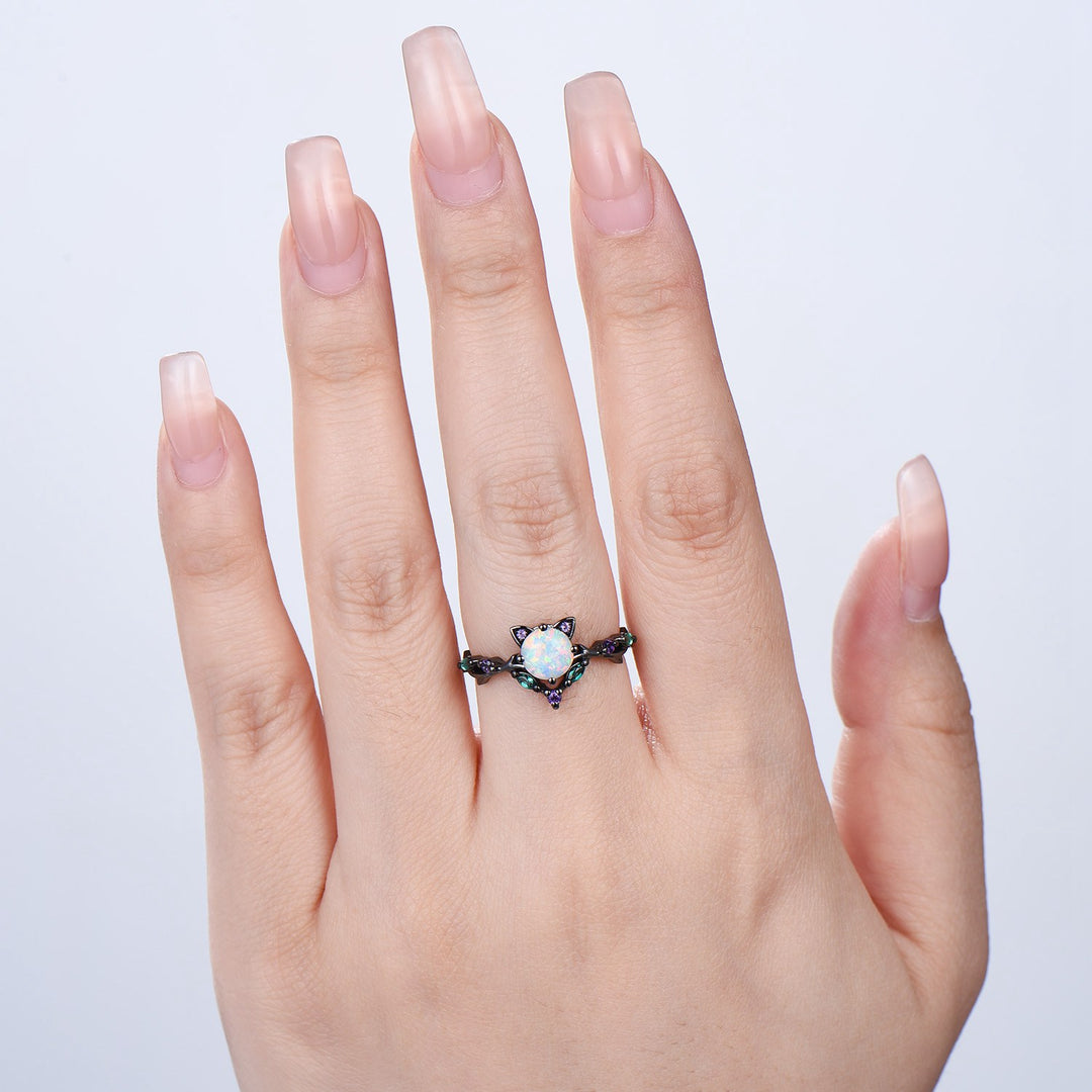 Unique Cat Fire Opal Engagement Ring Black Gold Round White Opal Animal Inspired Amethyst Emerald Band Promise Anniversary Ring Gift Women - PENFINE