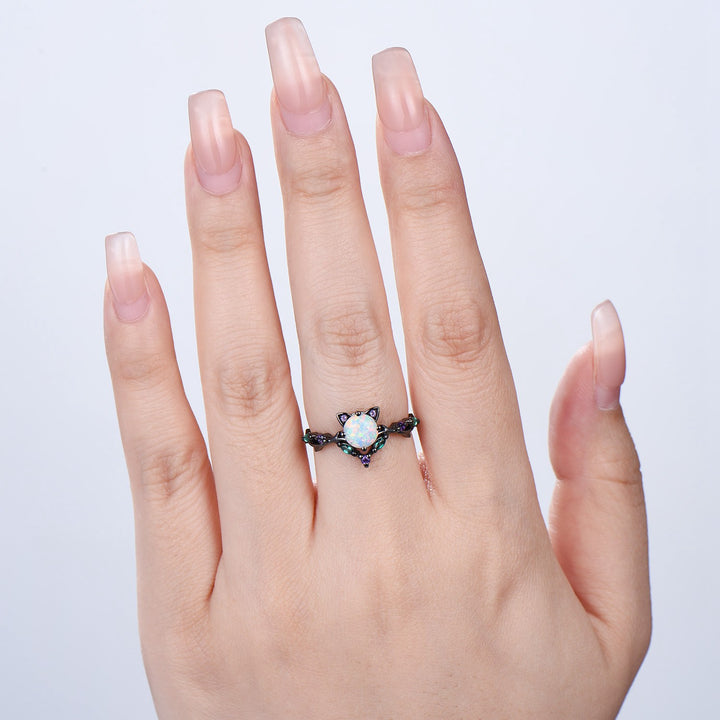 Unique Cat Fire Opal Engagement Ring Black Gold Round White Opal Animal Inspired Amethyst Emerald Band Promise Anniversary Ring Gift Women - PENFINE