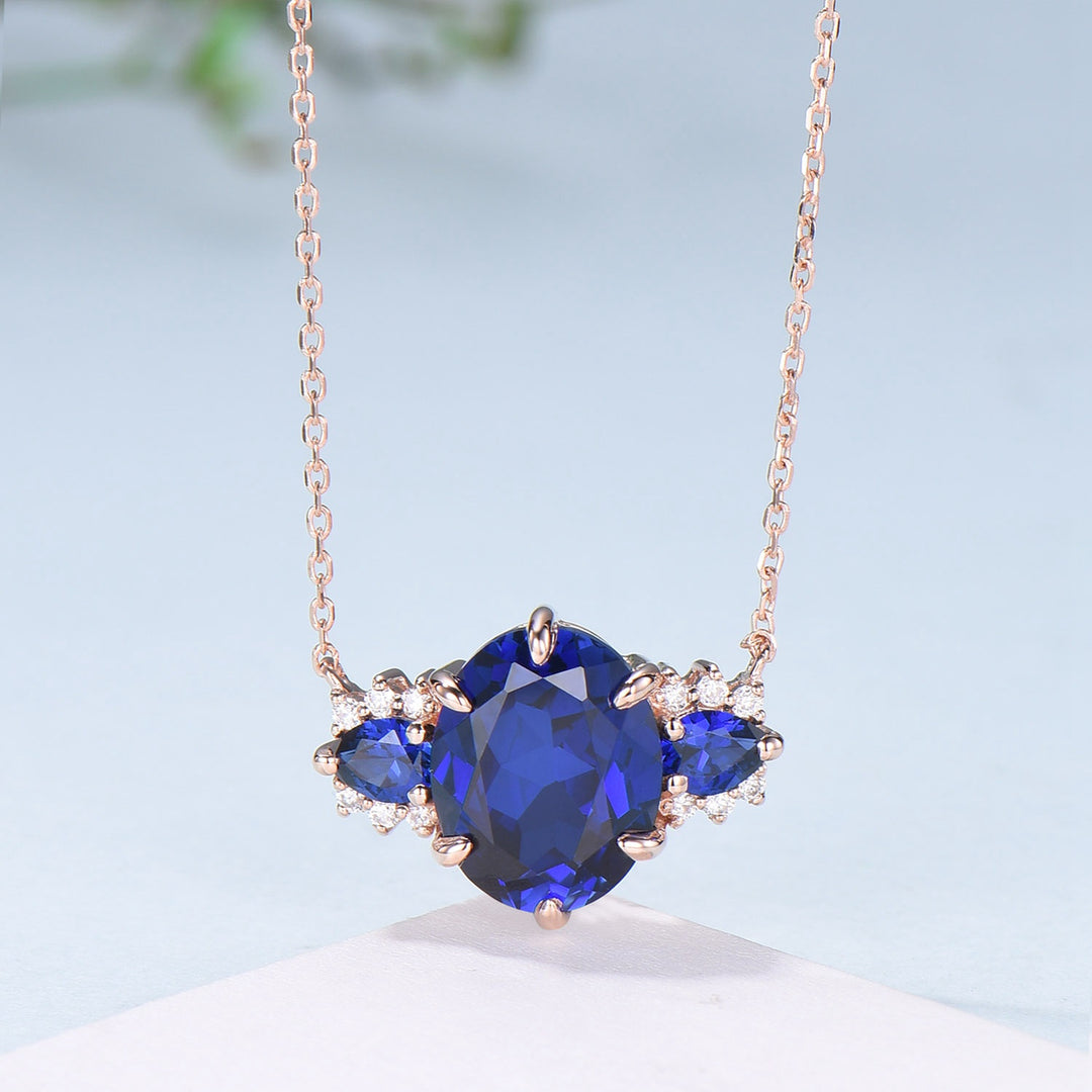 8x10mm Oval Sapphire Pendant Necklace Vintage Unique Pear Blue Sapphire Pendant Necklace Rose Gold Retro Christmas Promise Gift for Women - PENFINE