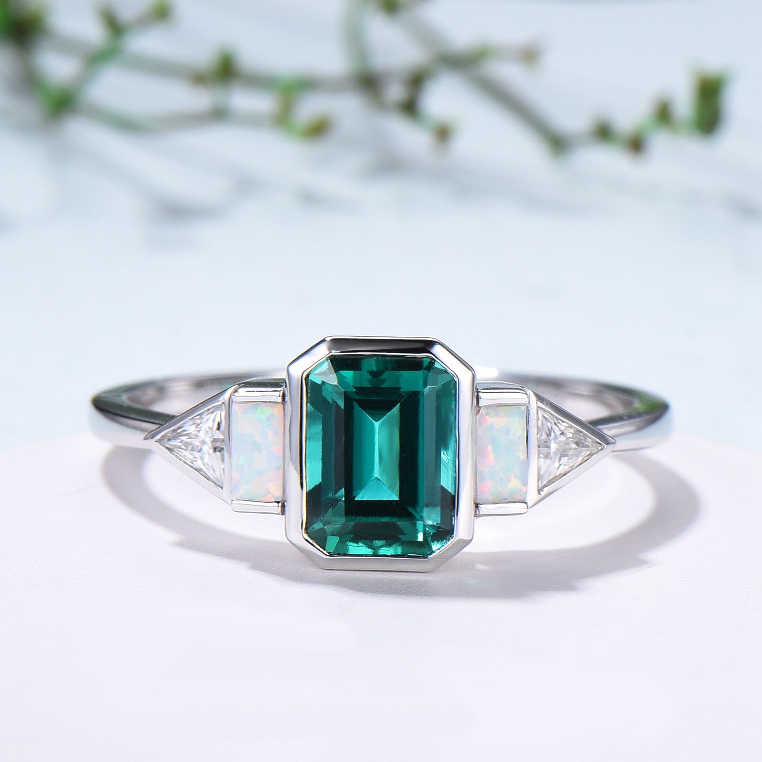 Five Stone Bezel Set Emerald Cut Emerald Engagement Ring Retro Baguette Opal Trillion Moissanite Wedding Ring Vintage Anniversary Ring Women - PENFINE