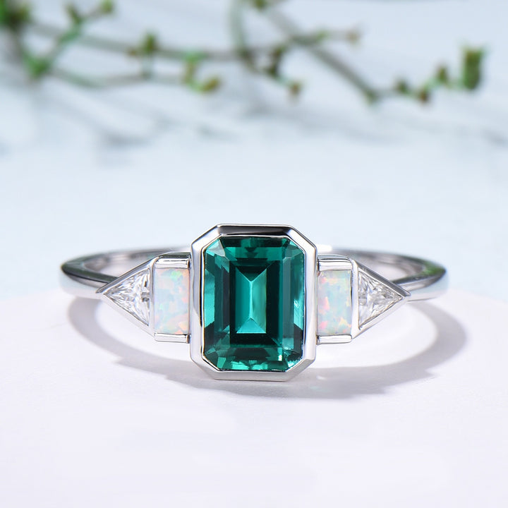 Five Stone Bezel Set Emerald Cut Emerald Engagement Ring Retro Baguette Opal Trillion Moissanite Wedding Ring Vintage Anniversary Ring Women - PENFINE