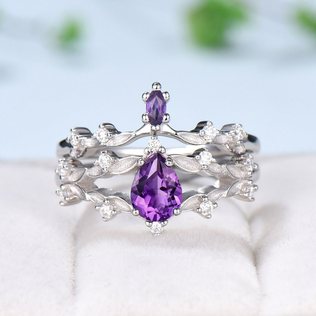 Leaf Amethyst Engagement Ring Vintage Pear Shaped Amethyst Wedding Ring Set Unique wedding set for Women, Art Deco Branch Bride Promise Ring - PENFINE