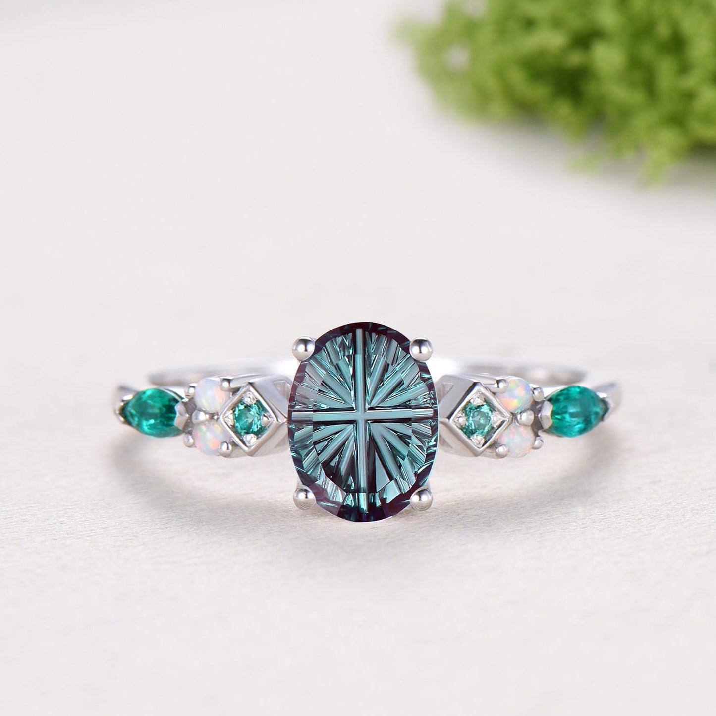 Vintage Art Deco Oval Starburst Alexandrite Ring Cluster Opal Emerald Bridal Set