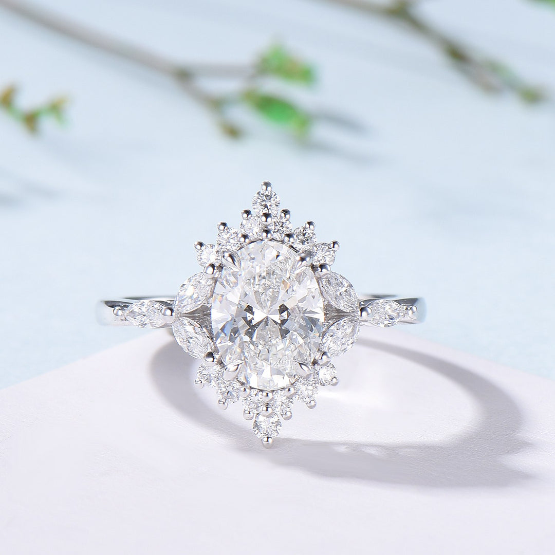 Vintage 1.5 Carat VVS-D Oval Lab Grown Diamond Engagement Ring Halo Diamond Certificate Engagement Ring Unique Marquise Diamond Wedding Gift - PENFINE
