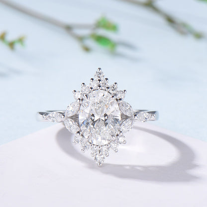 Vintage 1.5 Carat VVS-D Oval Lab Grown Diamond Engagement Ring Halo Diamond Certificate Engagement Ring Unique Marquise Diamond Wedding Gift - PENFINE