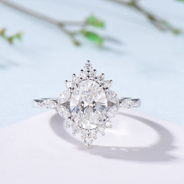 Vintage 1.5 Carat VVS-D Oval Lab Grown Diamond Engagement Ring Halo Diamond Certificate Engagement Ring Unique Marquise Diamond Wedding Gift - PENFINE